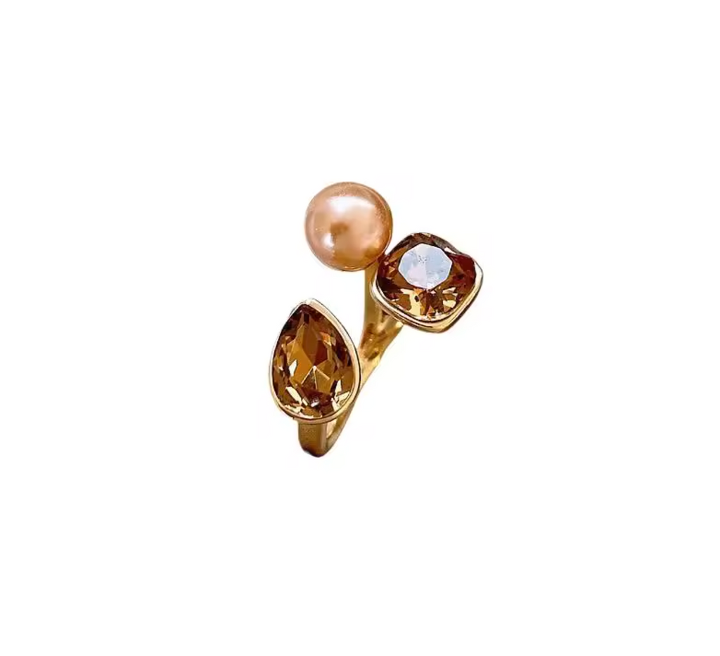 Vintage Luxury Geometric Crystal Champagne Pearl Open Ring